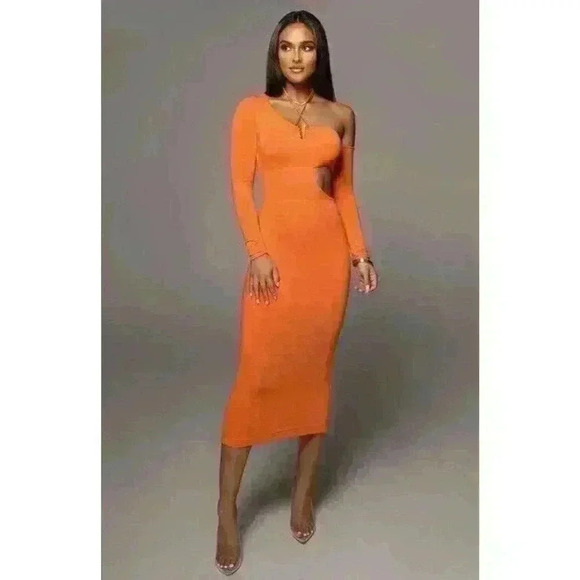 NWT J Lux Label Orange Midi Dress Women’s Size Small Cut Out Long Sleeve - Picture 1 of 9